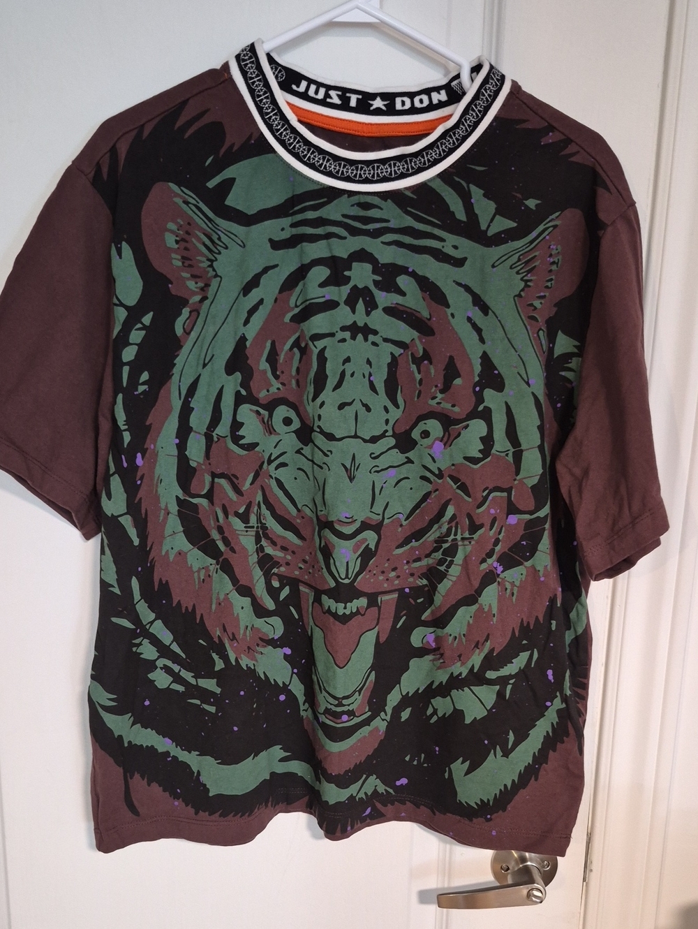 Just Don Brown Graphic Tiger Short Sleeve Tee with Green Print